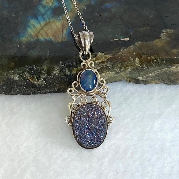 Sterling Silver 925 Oval Opal Titanium Druzy Scrollwork Pendant Necklace 18" - Picture 3 of 16
